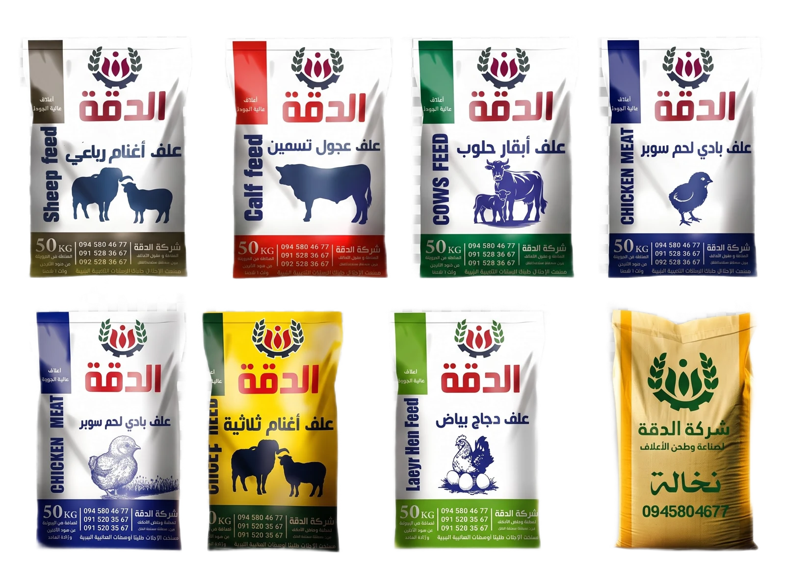 أكياس أعلاف الدقّة: أغنام رباعي، عجول تسمين، أبقار حلوب، بادي لحم سوبر، أغنام ثلاثية، دجاج بياض، ونخالة